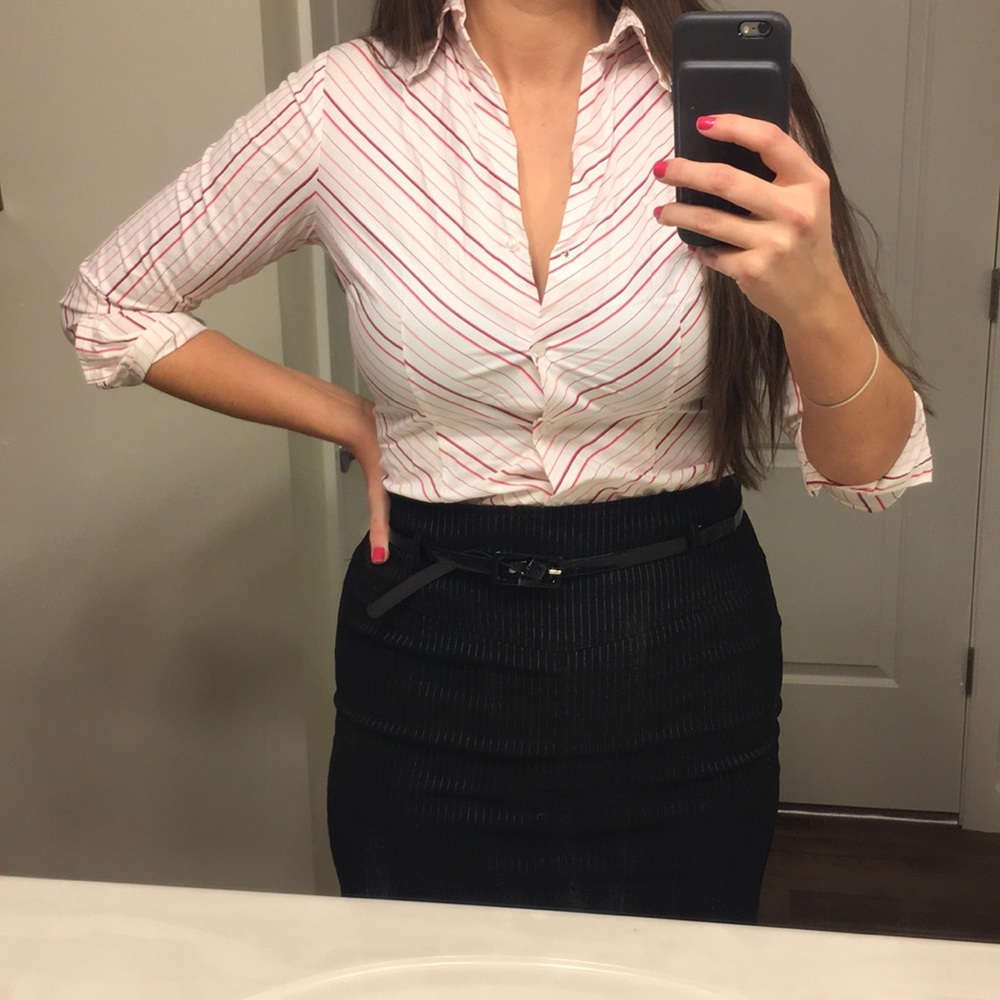 New York & Company Pink Striped Oxford Work Shirt